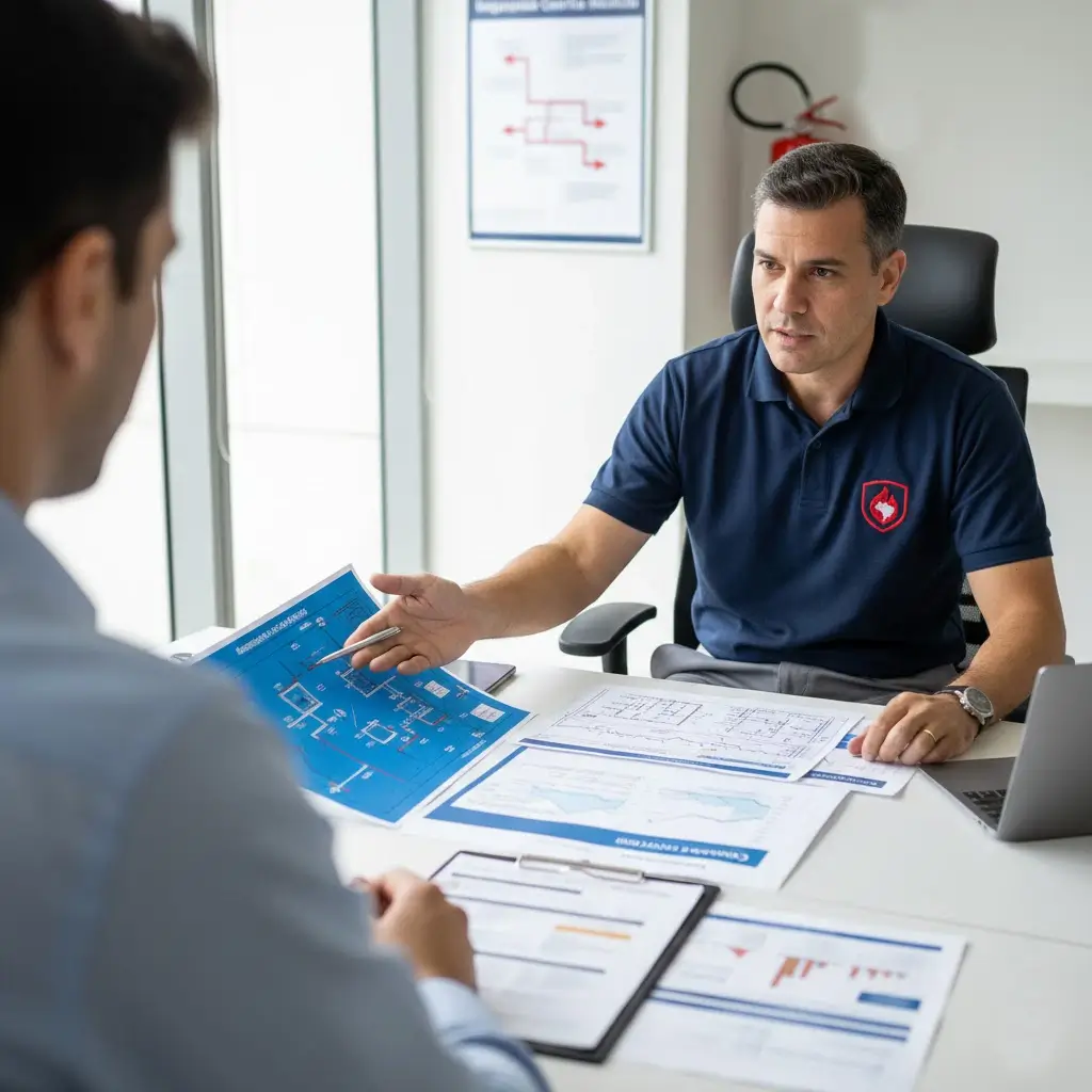 Engenheiro de segurança realizando consultoria contra incêndio e vistoria técnica em edificação comercial