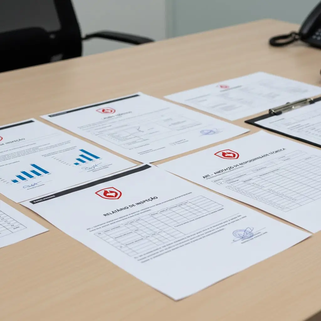 Engenheiro especialista assinando laudo técnico e ART de sistema contra incêndio