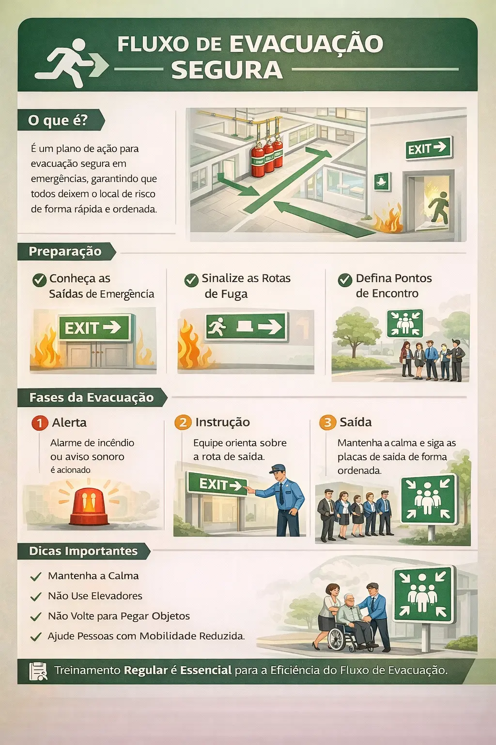Infográfico técnico sobre fluxo de evacuação segura