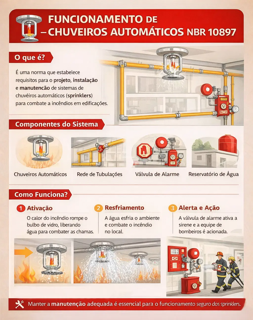 Infográfico técnico sobre funcionamento de chuveiros automáticos NBR 10897