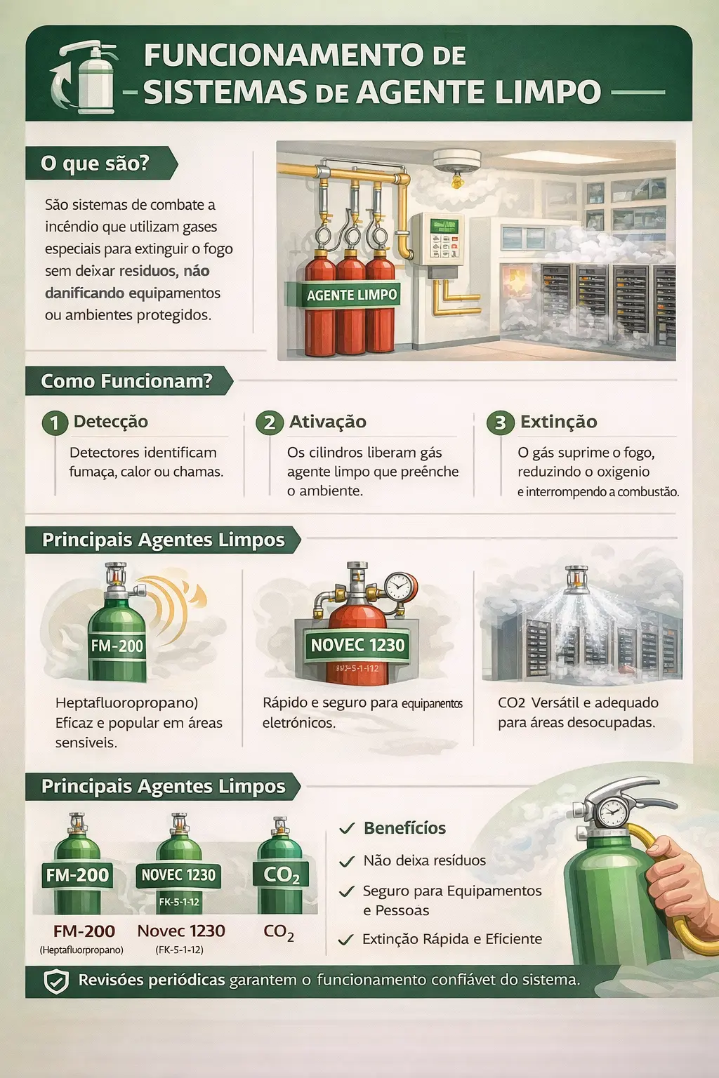 Infográfico técnico sobre funcionamento de sistemas de agente limpo