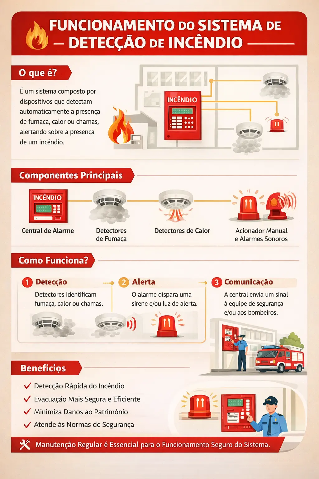 Infográfico técnico sobre funcionamento do sistema de detecção de incêndio