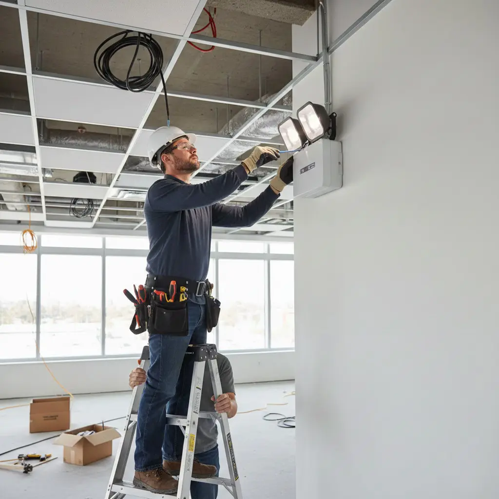 Instalação de bloco autônomo de iluminação de emergência em corredor comercial