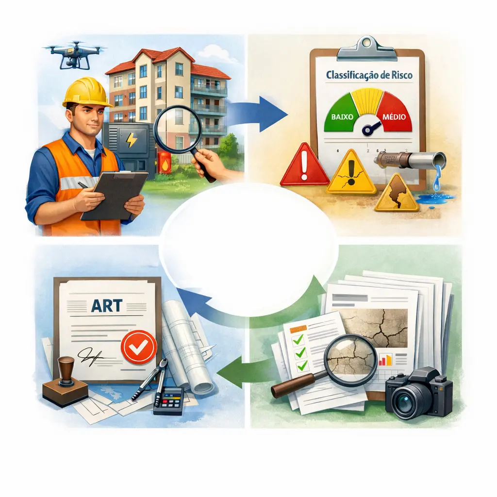 Infográfico das etapas de inspeção predial e conformidade