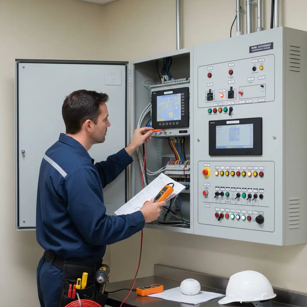 Técnico realizando instalação de detectores de fumaça