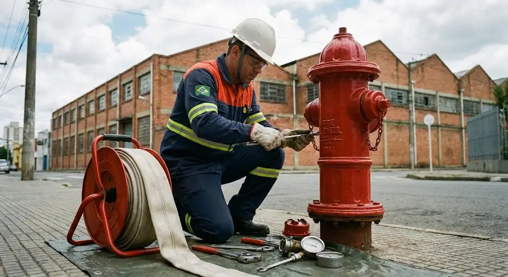 Técnicos instalando tubulação de sistema de hidrantes em galpão industrial