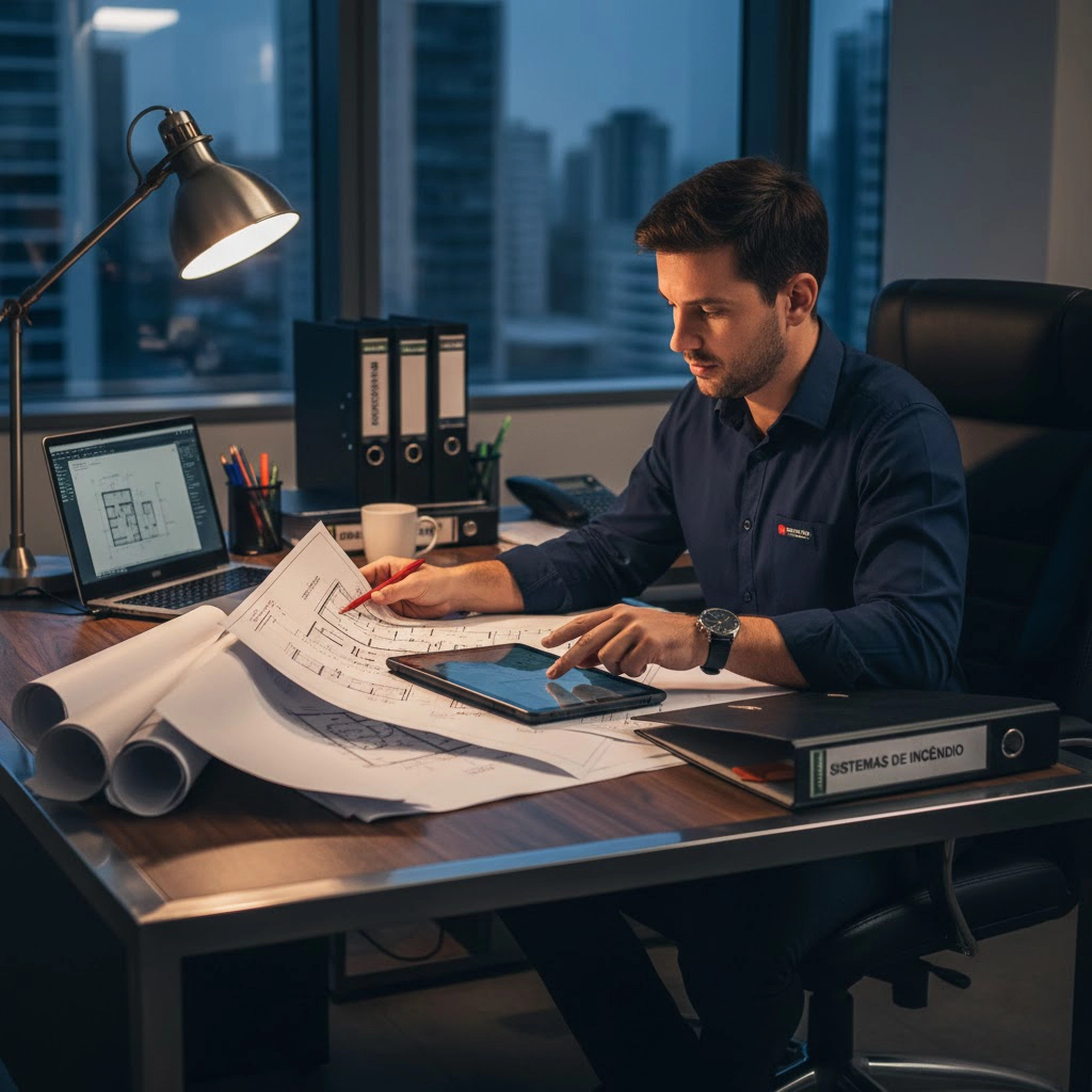 Engenheiro analisando documentação técnica de combate a incêndio