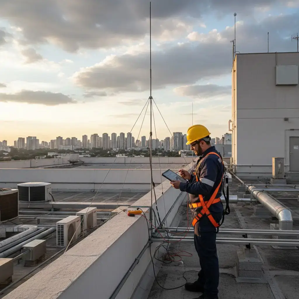Técnico realizando inspeção de manutenção predial em sistema contra incêndio