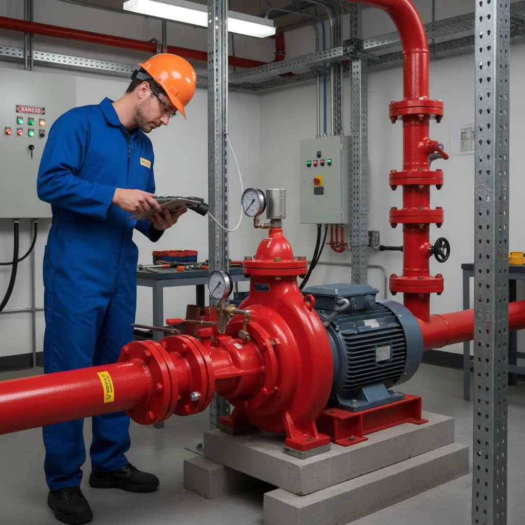 Técnico inspecionando painel de bomba de incêndio