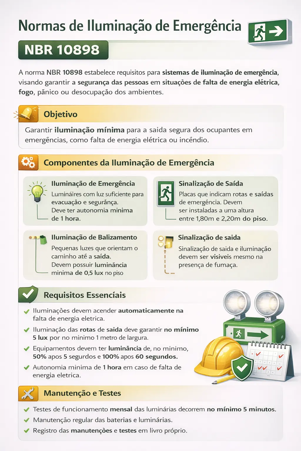 Infográfico técnico sobre normas de iluminação de emergência NBR 10898