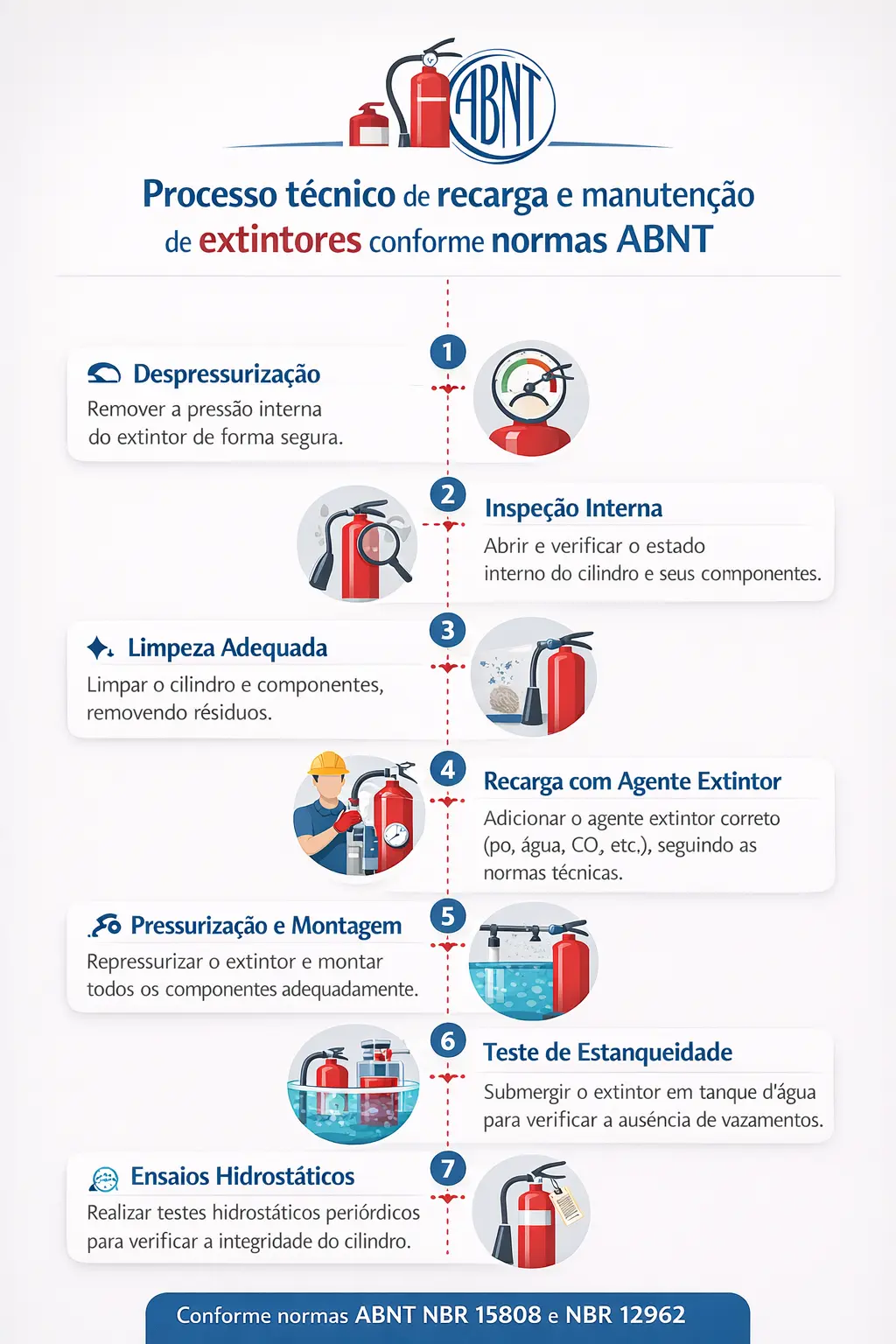 Processo técnico de recarga e manutenção de extintores conforme normas ABNT