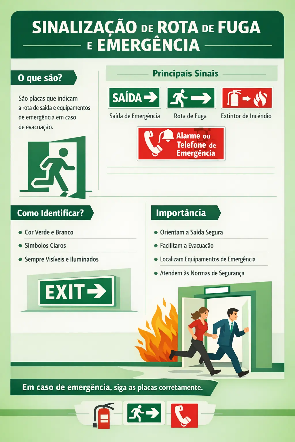 Infográfico técnico sobre projeto de rotas de fuga e sinalização