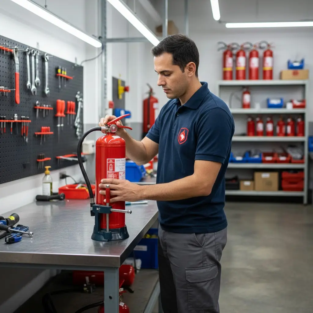 Técnicos da Nacional Fire realizando manutenção de extintores