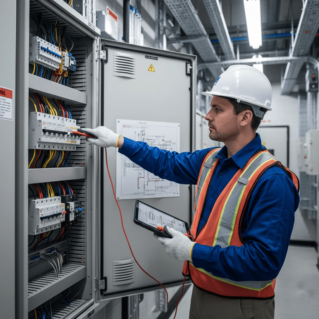 Vistoria técnica de engenheiro em instalação elétrica predial
