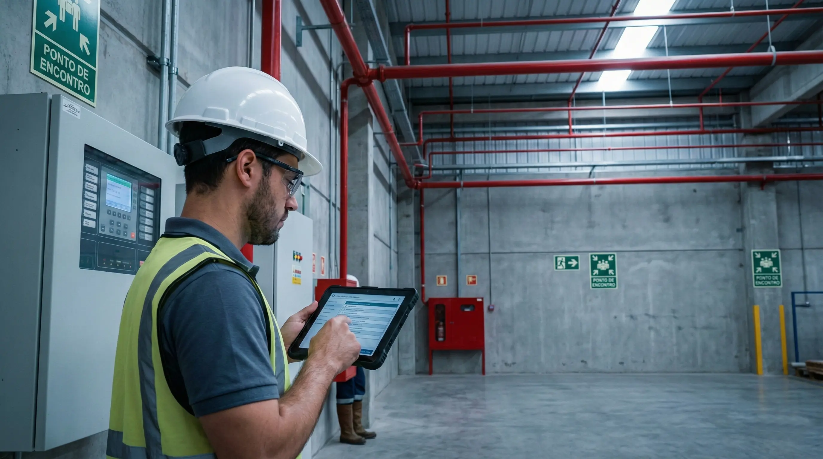 Técnico realizando inspeção em sistema de combate a incêndio - Nacional Fire