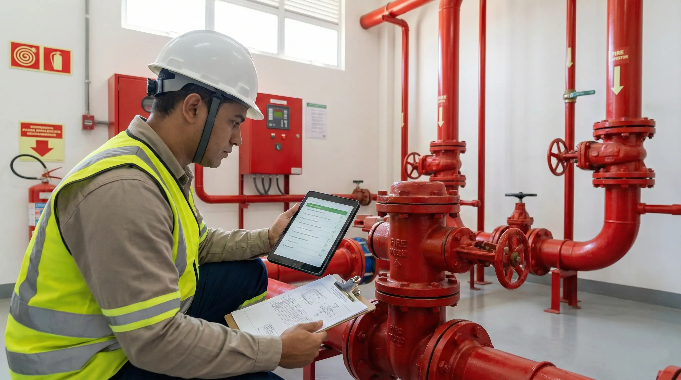 Engenheiro analisando projeto de segurança contra incêndio