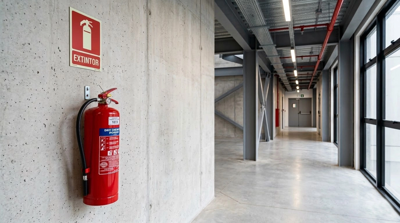 Extintores de incêndio instalados em ambiente corporativo/industrial